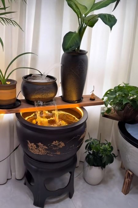 🪷 نافورة فخارية سوداء مزخرفة باللون الذهبي